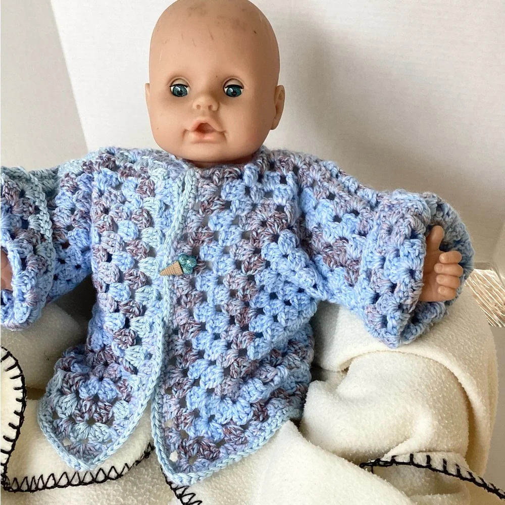 Sweater Beanie Hat Set Hand Crafted Baby Blue Tan Kimono